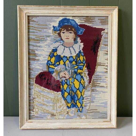 Needlepoint Artwrok Picassos Son Paul Harlequin Costume Gold Professional Frame - Picture 3 of 13